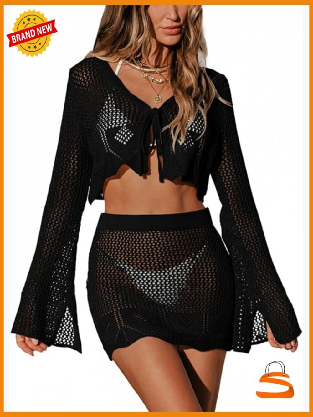 Crochet Swimsuit Cover Up Set Long Sleeve 2 Piece Beach Outfit